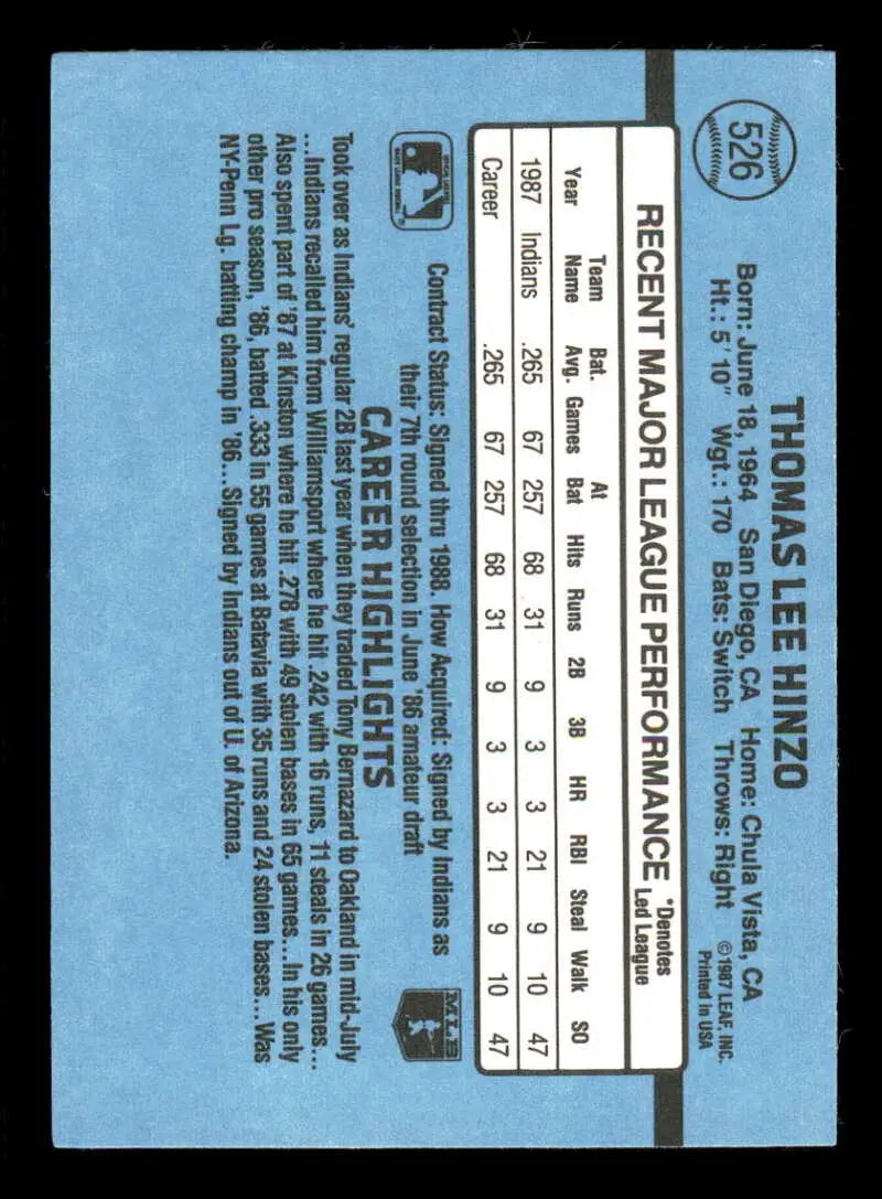 1988 Donruss #526 Tommy Hinzo NM-MT RC Rookie Cleveland Indians Baseball Card - Baseball Card Single