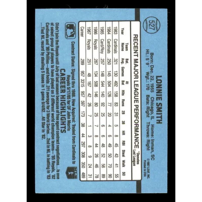 1988 Donruss #527 Lonnie Smith EX Kansas City Royals Baseball Card - Baseball Card Single