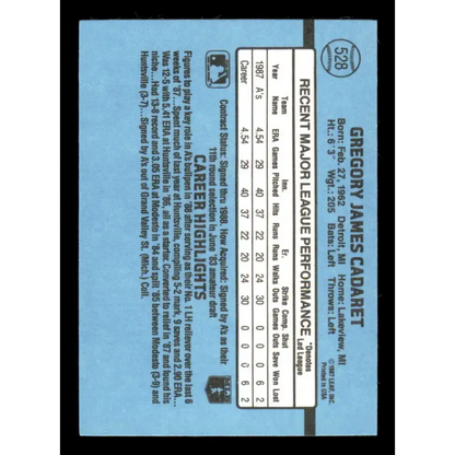 1988 Donruss #528 Greg Cadaret EX RC Rookie Oakland Athletics Baseball Card