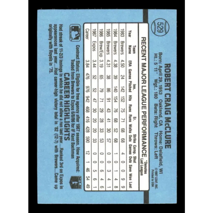 1988 Donruss #529 Bob McClure UER EX Montreal Expos Baseball Card