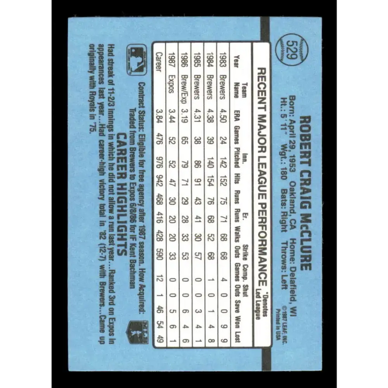 1988 Donruss #529 Bob McClure UER EX Montreal Expos Baseball Card - Baseball Card Single