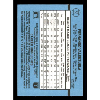 1988 Donruss #53 Fernando Valenzuela EX Los Angeles Dodgers Baseball Card Image 2