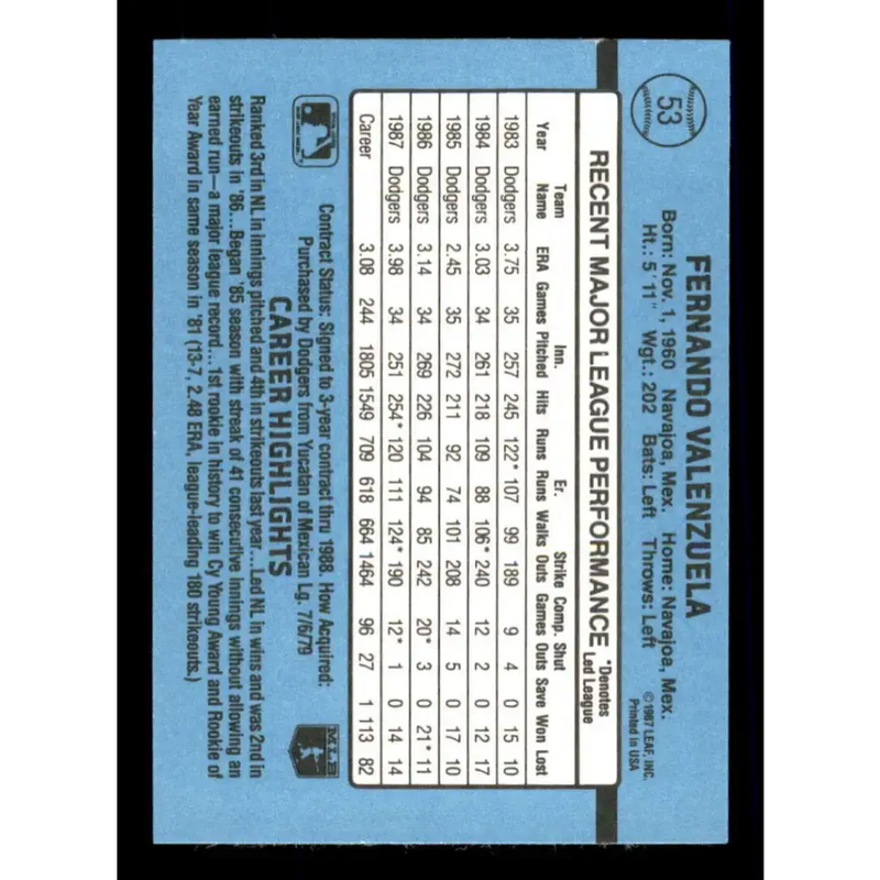 1988 Donruss #53 Fernando Valenzuela EX Los Angeles Dodgers Baseball Card - Baseball Card Single