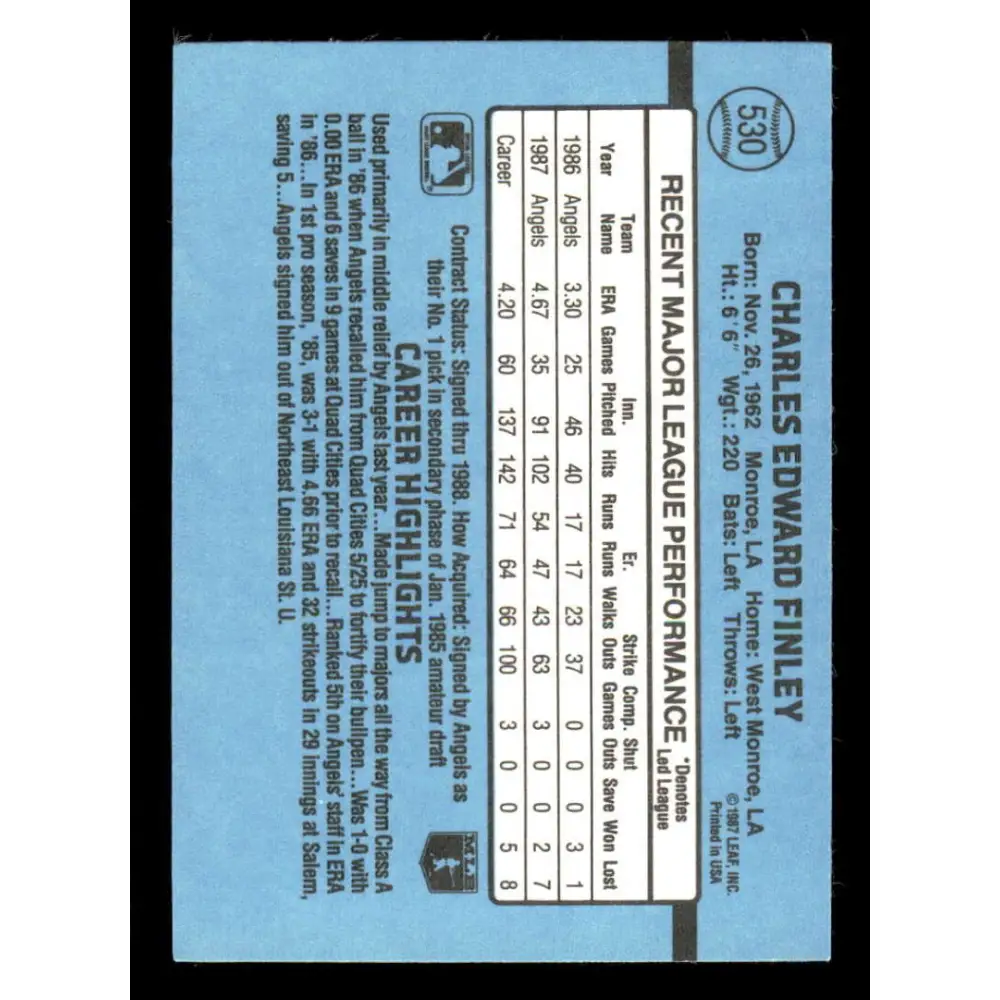 1988 Donruss #530 Chuck Finley EX California Angels Baseball Card Image 2