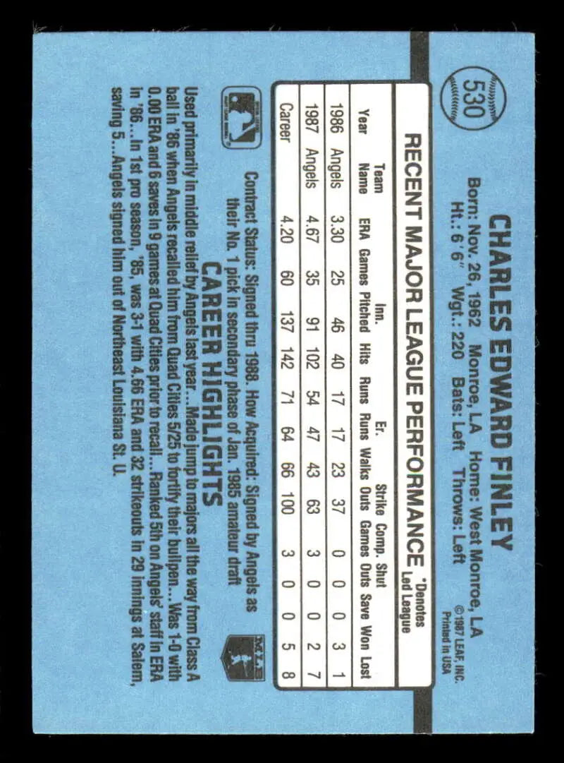 1988 Donruss #530 Chuck Finley NM-MT California Angels Baseball Card - Baseball Card Single