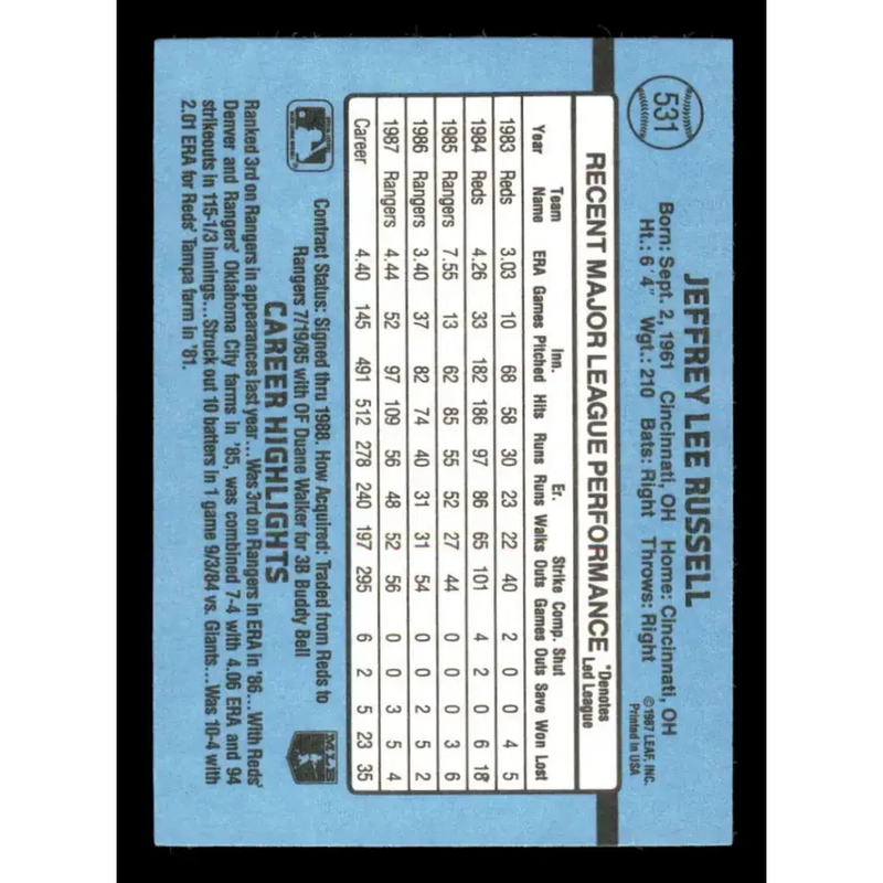 1988 Donruss #531 Jeff Russell EX Texas Rangers Baseball Card - Baseball Card Single