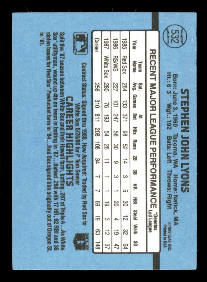 1988 Donruss #532 Steve Lyons NM-MT Chicago White Sox Baseball Card - Baseball Card Single