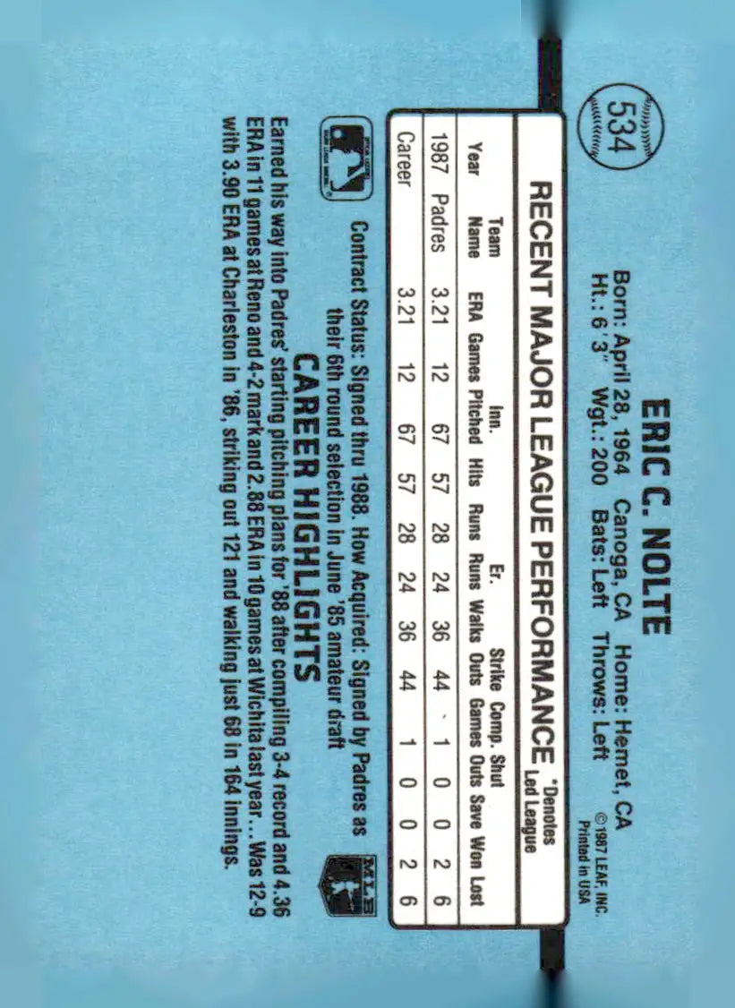 1988 Donruss #534 Eric Nolte baseball card with player statistics featuring Eric Nolte San Diego Padres