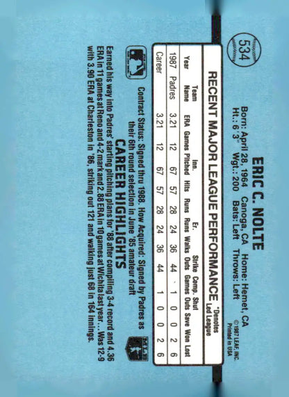 1988 Donruss #534 Eric Nolte baseball card with player statistics featuring Eric Nolte San Diego Padres