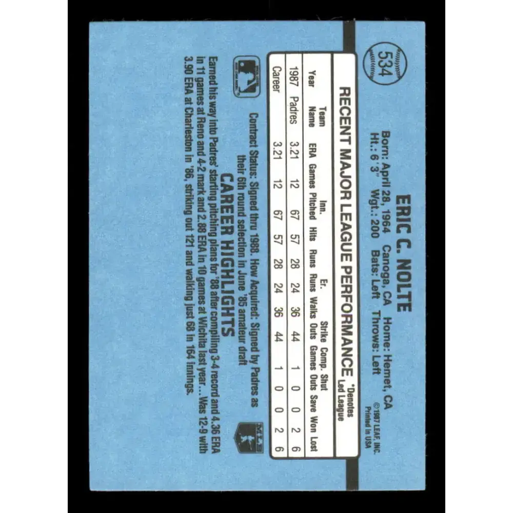 1988 Donruss #534 Eric Nolte EX RC Rookie San Diego Padres Baseball Card