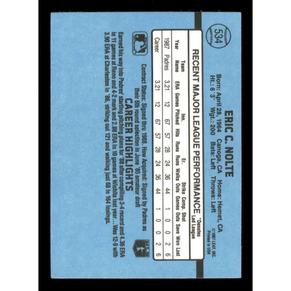 1988 Donruss #534 Eric Nolte EX RC Rookie San Diego Padres Baseball Card