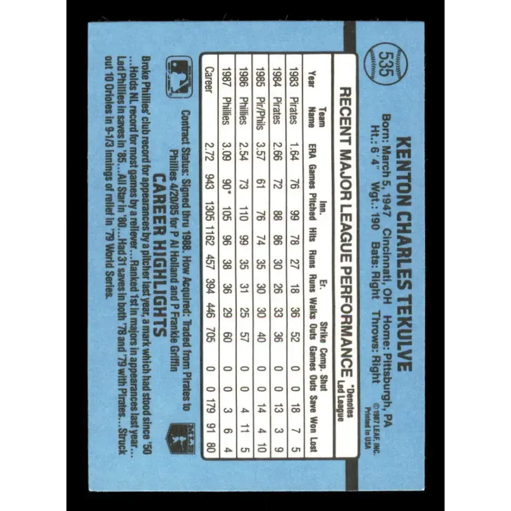 1988 Donruss #535 Kent Tekulve EX Philadelphia Phillies Baseball Card - Baseball Card Single