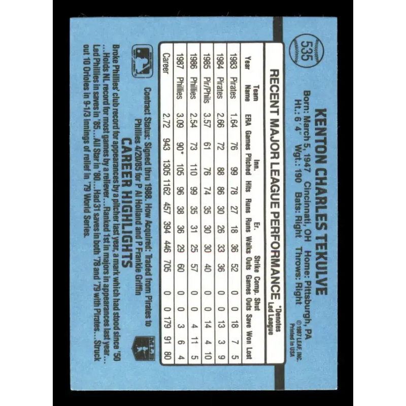 1988 Donruss #535 Kent Tekulve EX Philadelphia Phillies Baseball Card - Baseball Card Single
