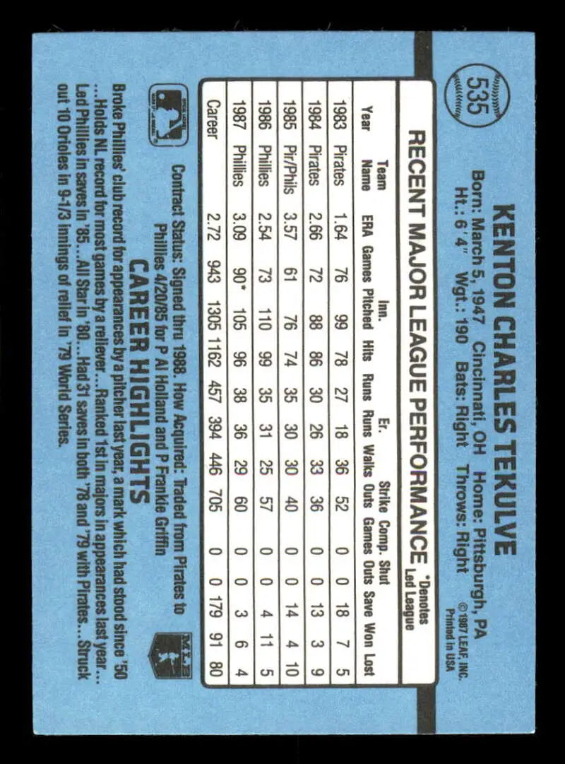 1988 Donruss #535 Kent Tekulve NM-MT Philadelphia Phillies Baseball Card - Baseball Card Single