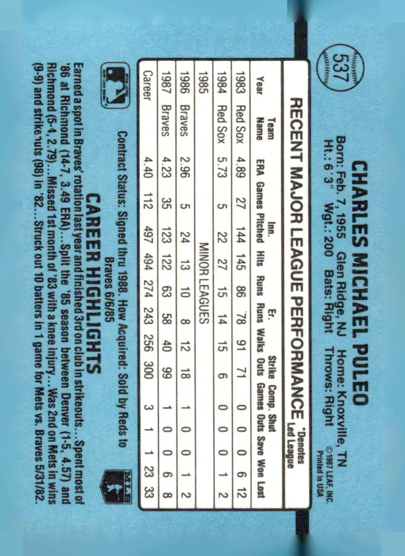 1988 Donruss #537 Charlie Puleo - Baseball Card Single