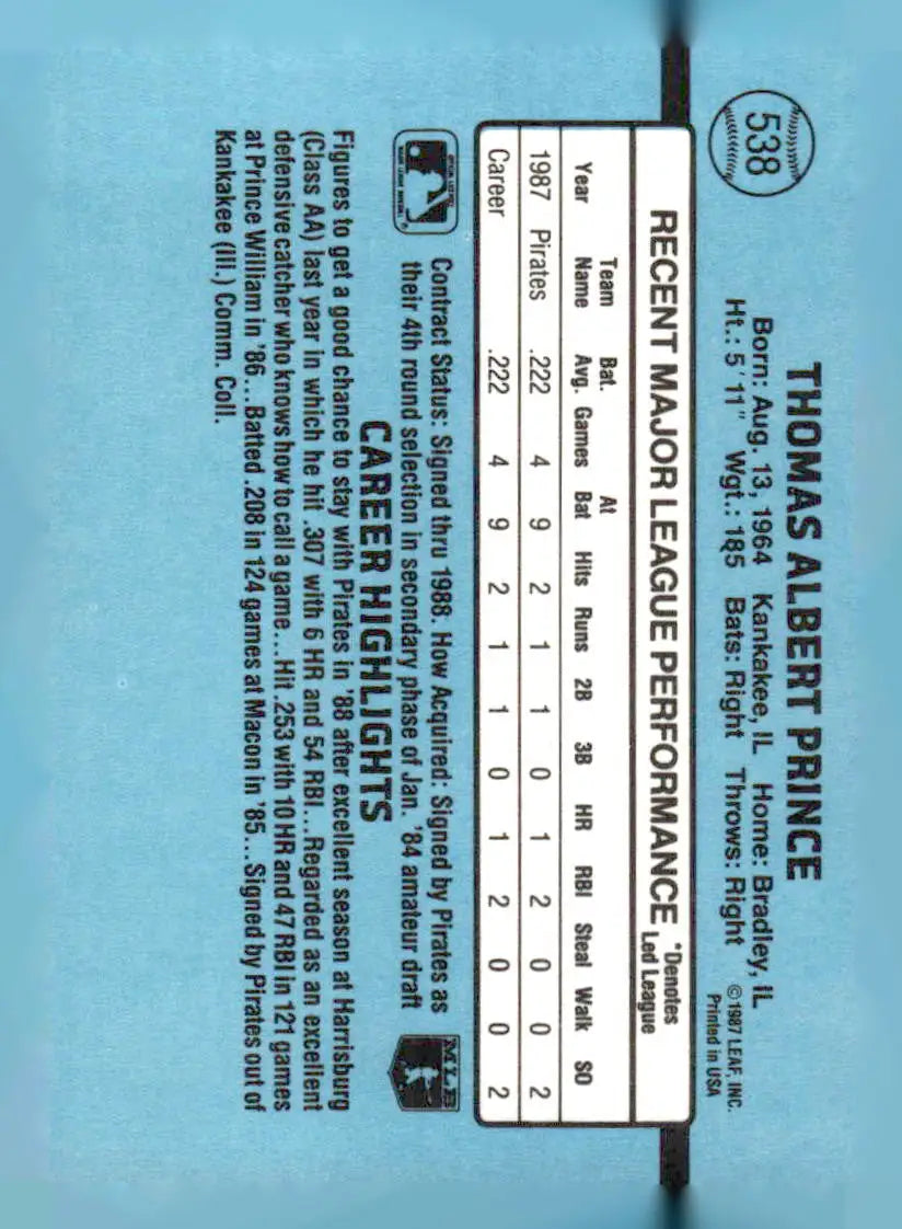 Baseball player trading card featuring Tom Prince 1988 Donruss 538b Tom Prince