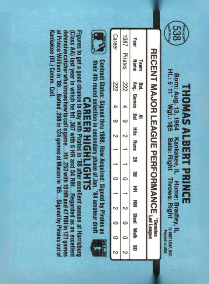 Baseball player trading card featuring Tom Prince 1988 Donruss 538b Tom Prince