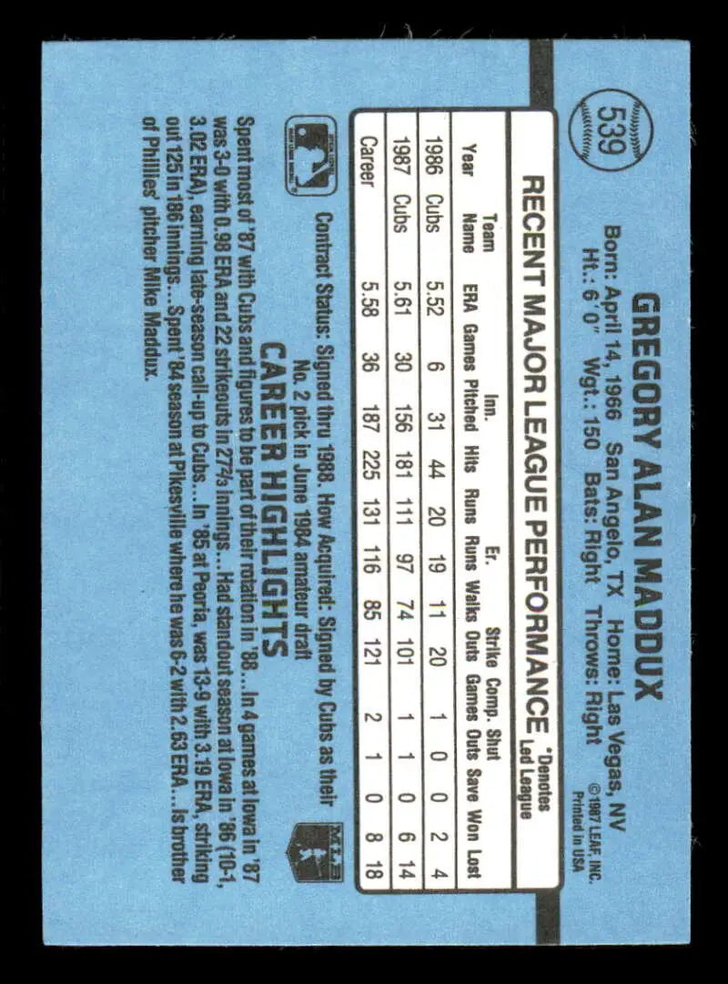 1988 Donruss #539 Greg Maddux NM-MT Chicago Cubs Baseball Card - Baseball Card Single