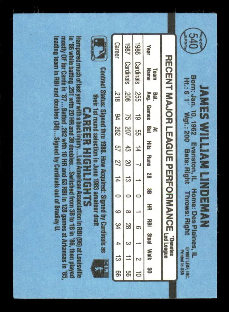 1988 Donruss #540 Jim Lindeman NM-MT St. Louis Cardinals Baseball Card - Baseball Card Single