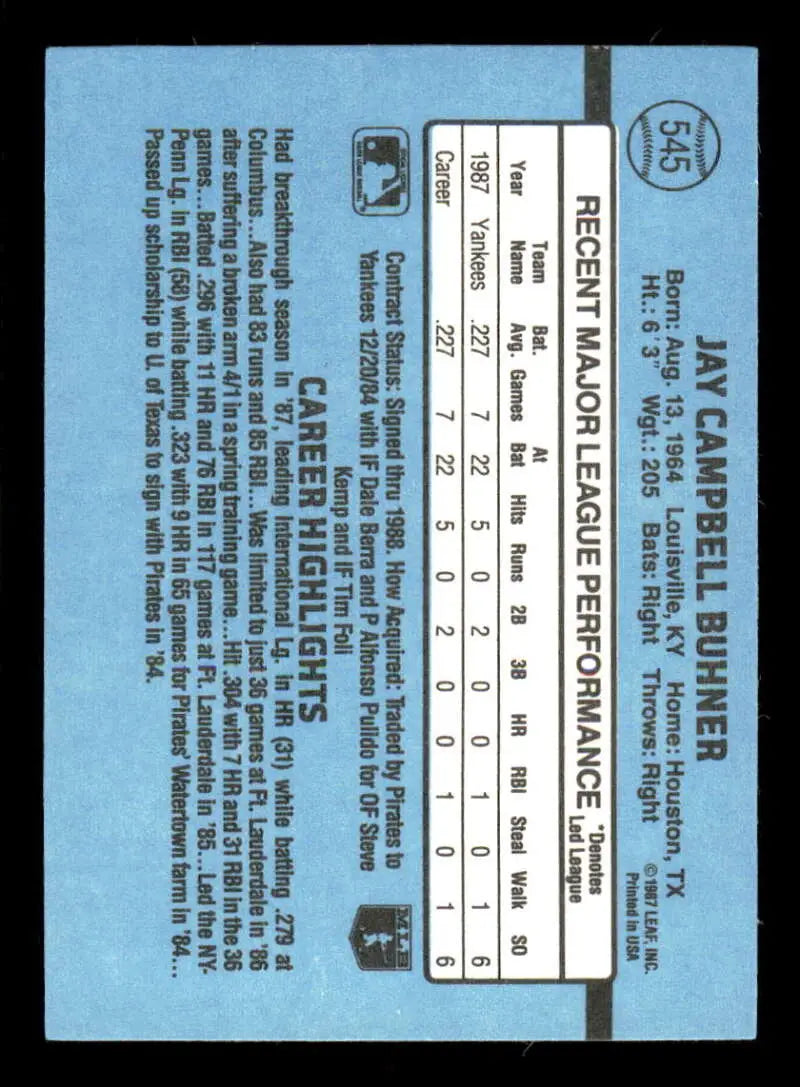 1988 Donruss #545 Jay Buhner NM-MT RC Rookie New York Yankees Baseball Card - Baseball Card Single