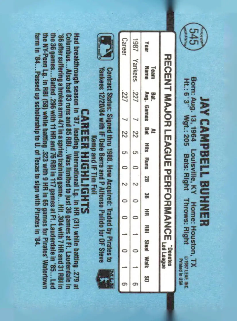Back of 1988 Donruss 545b Jay Buhner baseball card featuring Jay Buhner’s details