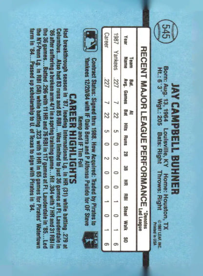 Back of 1988 Donruss 545b Jay Buhner baseball card featuring Jay Buhner’s details