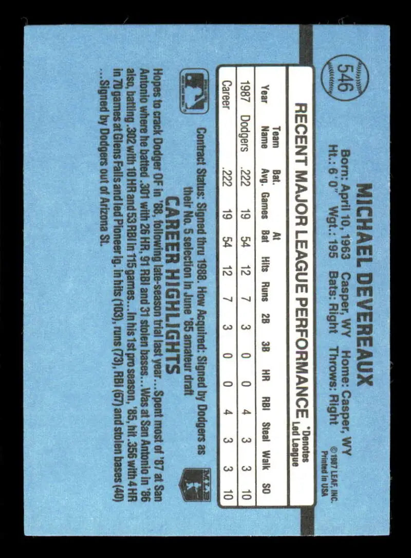 1988 Donruss #546 Mike Devereaux NM-MT RC Rookie Los Angeles Dodgers Baseball Card - Baseball Card Single