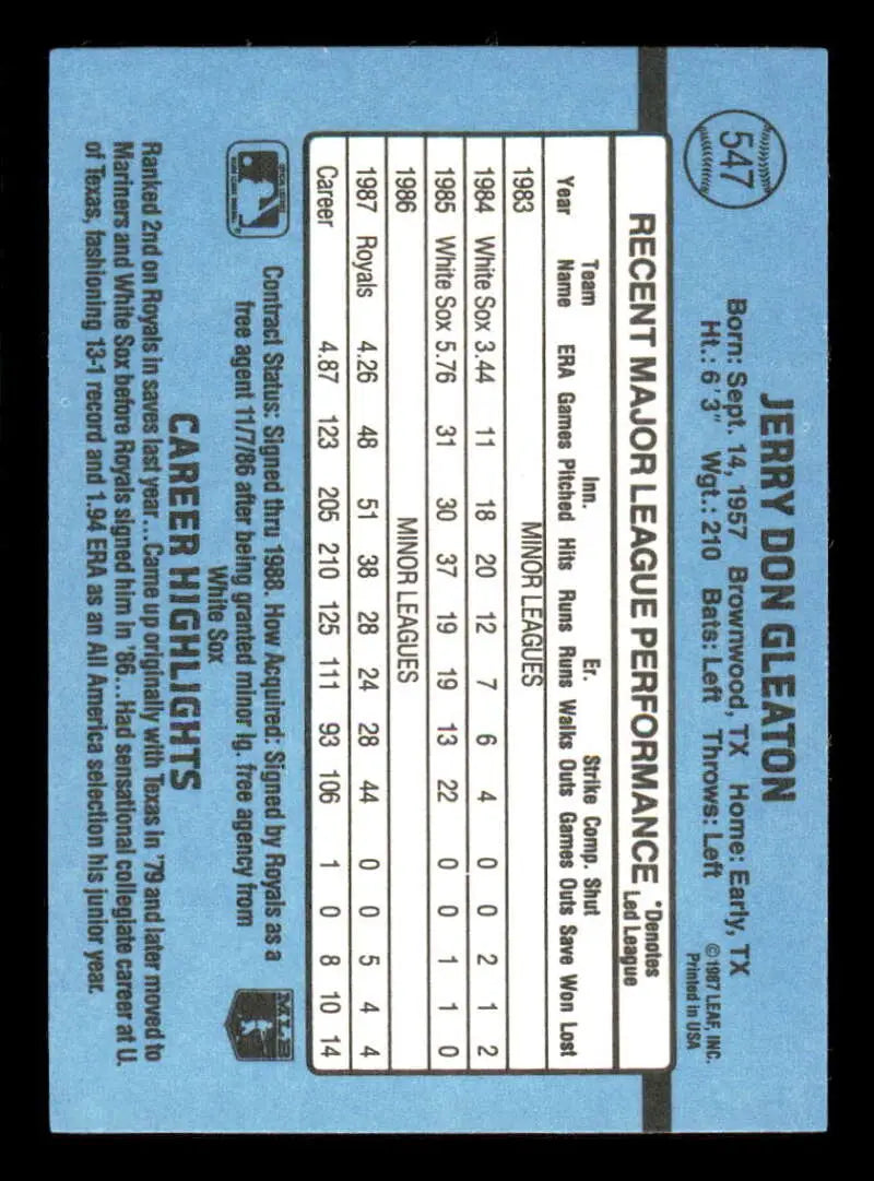 1988 Donruss #547 Jerry Don Gleaton NM-MT Kansas City Royals Baseball Card - Baseball Card Single