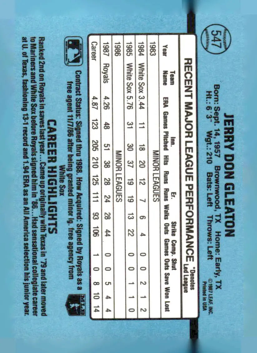 Baseball card featuring career stats and highlights of Jerry Don Gleaton from 1988 Donruss #547b