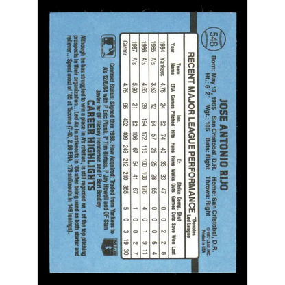 1988 Donruss #548 Jose Rijo EX Oakland Athletics Baseball Card Image 2