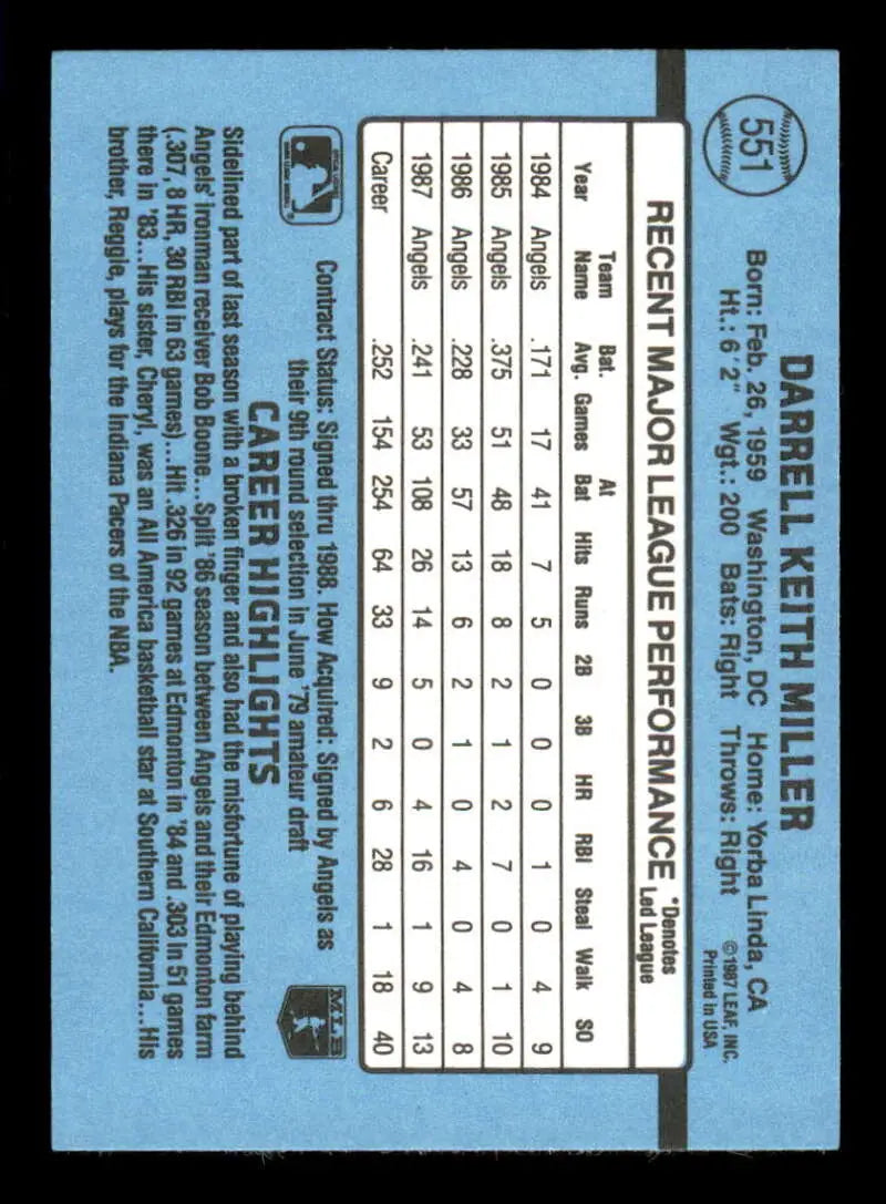 1988 Donruss #551 Darrell Miller NM-MT California Angels Baseball Card - Baseball Card Single