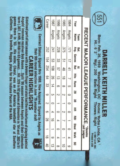 Baseball card featuring Darrell Miller with player statistics, 1988 Donruss #551b