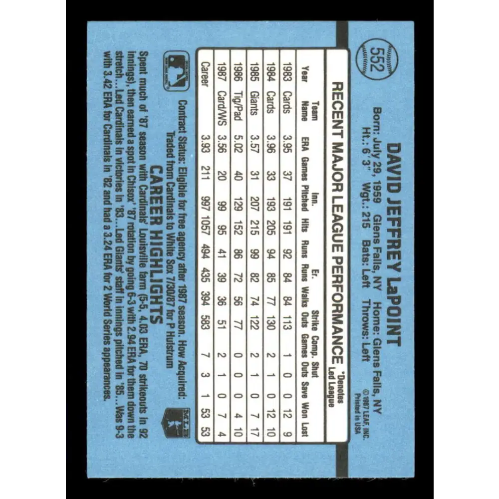 1988 Donruss #552 Dave LaPoint EX Chicago White Sox Baseball Card Image 2