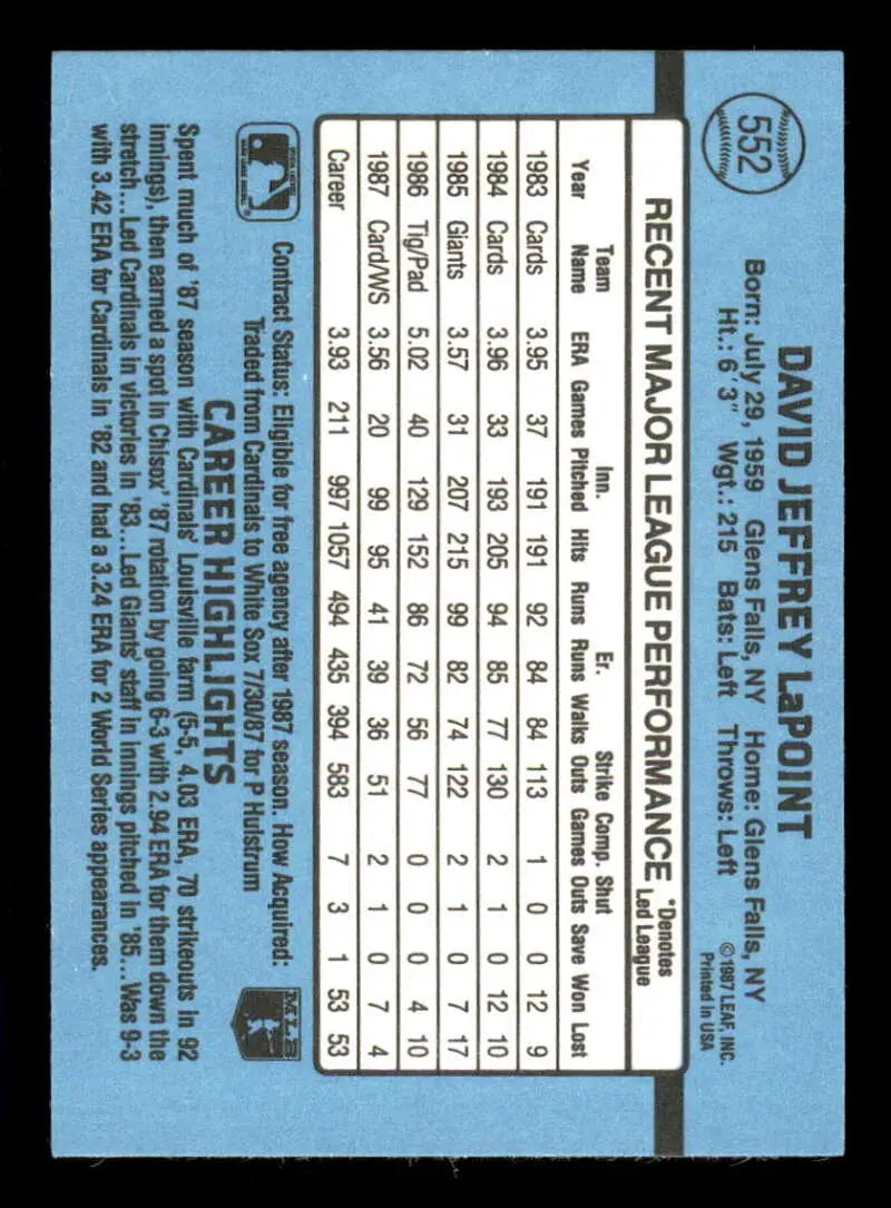 1988 Donruss #552 Dave LaPoint NM-MT Chicago White Sox Baseball Card - Baseball Card Single