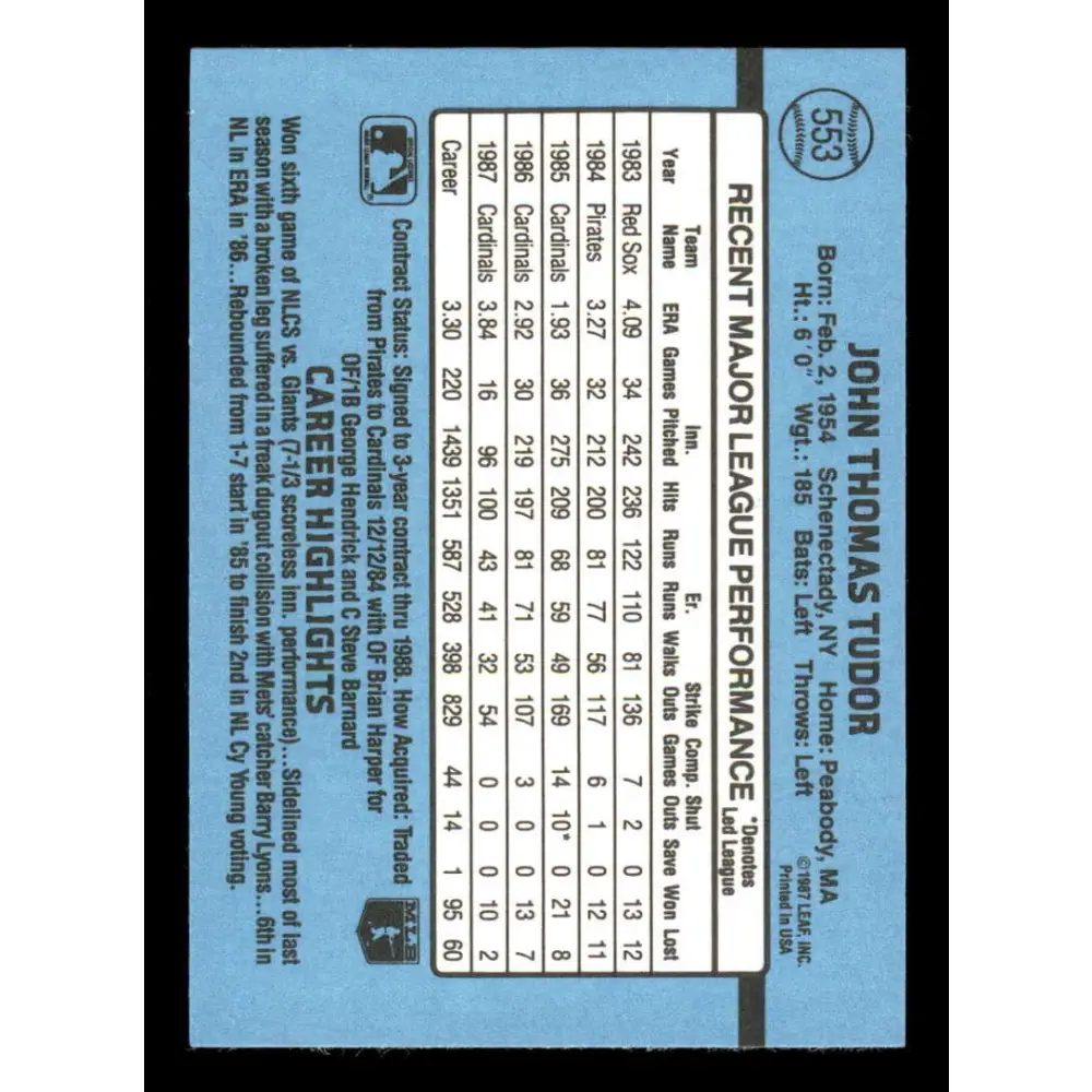 1988 Donruss #553 John Tudor EX St. Louis Cardinals Baseball Card Image 2