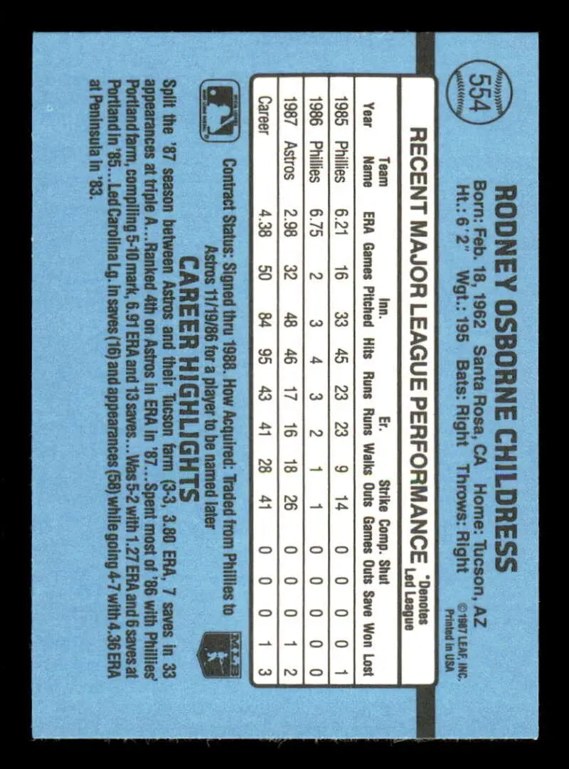 1988 Donruss #554 Rocky Childress NM-MT RC Rookie Houston Astros Baseball Card - Baseball Card Single