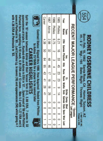 1988 Donruss 554b Rocky Childress baseball card with career stats and highlights