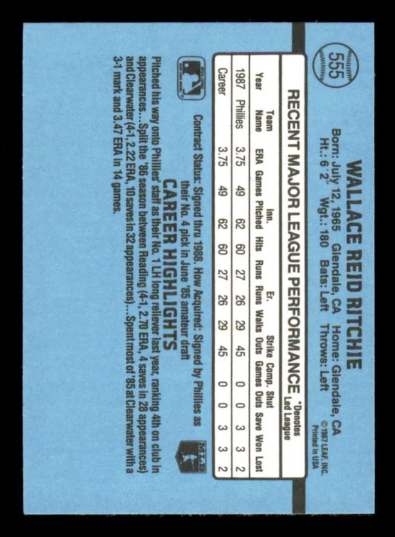 1988 Donruss #555 Wally Ritchie NM-MT Philadelphia Phillies Baseball Card - Baseball Card Single