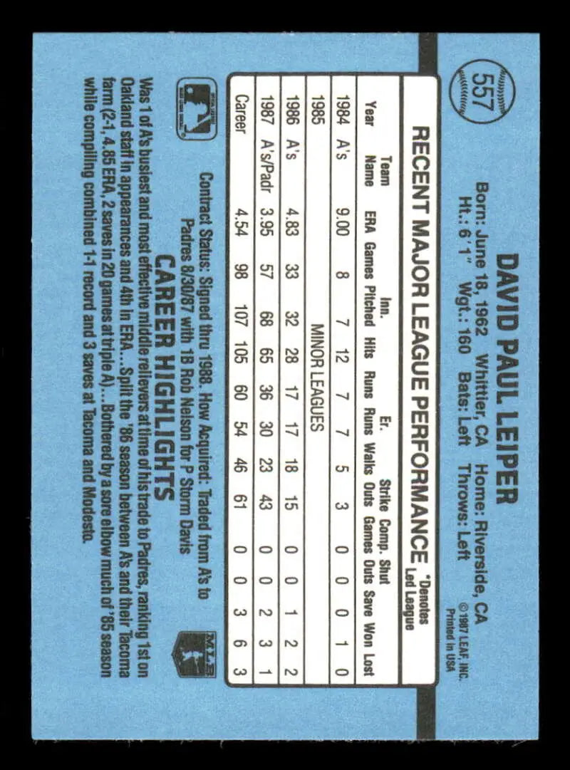 1988 Donruss #557 Dave Leiper NM-MT San Diego Padres Baseball Card - Baseball Card Single