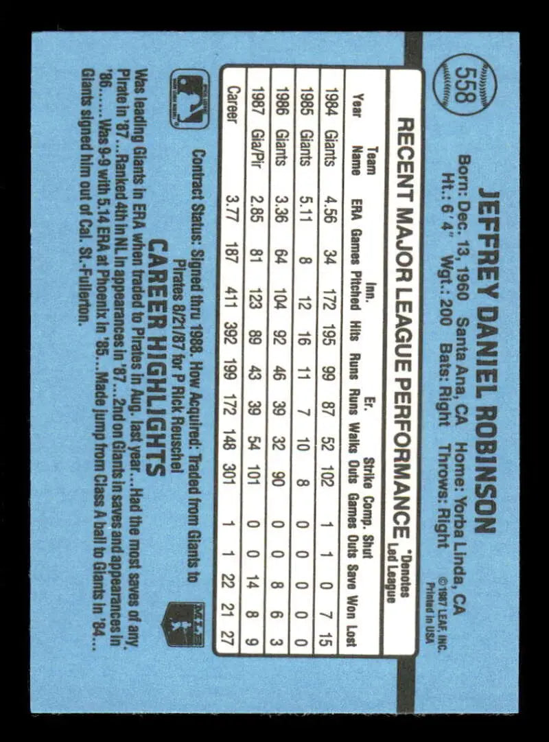 1988 Donruss #558 Jeff Robinson NM-MT Pittsburgh Pirates Baseball Card - Baseball Card Single