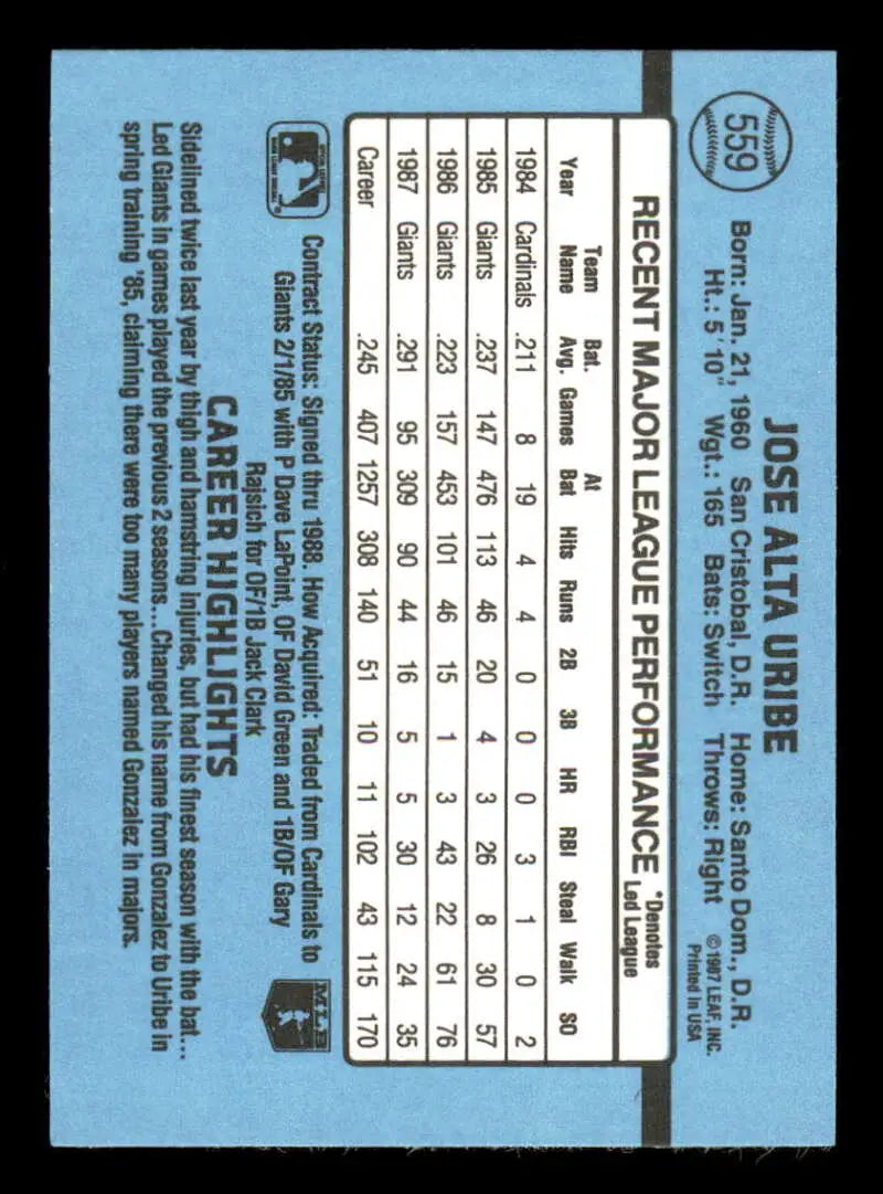 1988 Donruss #559 Jose Uribe NM-MT San Francisco Giants Baseball Card - Baseball Card Single
