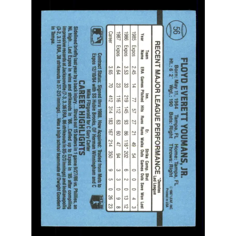 1988 Donruss #56 Floyd Youmans EX Montreal Expos Baseball Card - Baseball Card Single