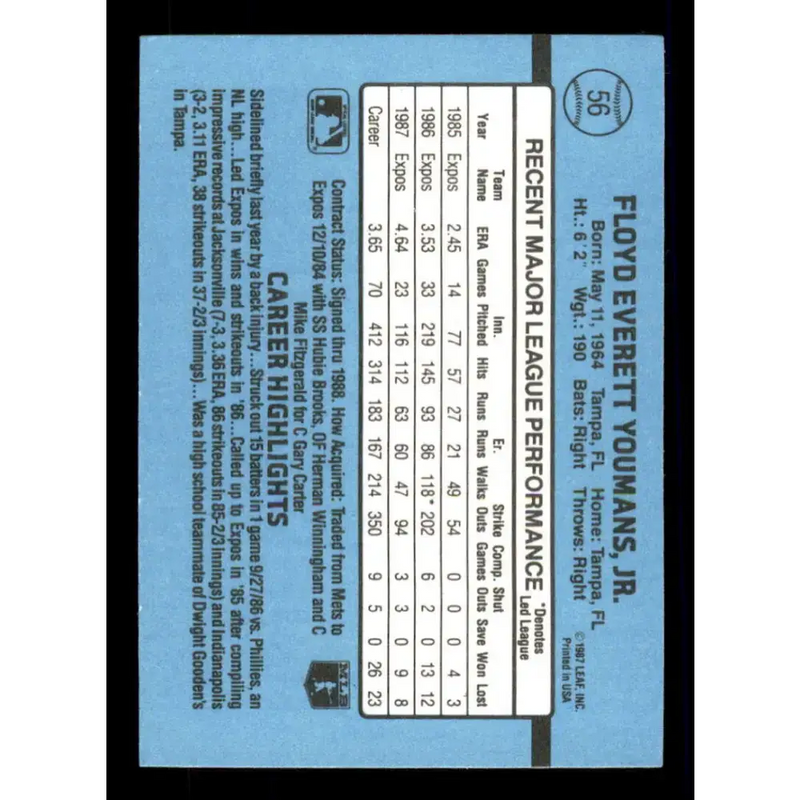 1988 Donruss #56 Floyd Youmans EX Montreal Expos Baseball Card - Baseball Card Single