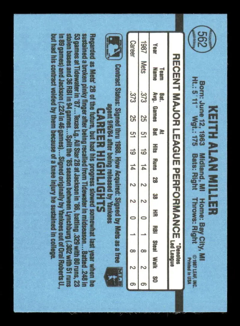 1988 Donruss #562 Keith Miller NM-MT RC Rookie New York Mets Baseball Card - Baseball Card Single
