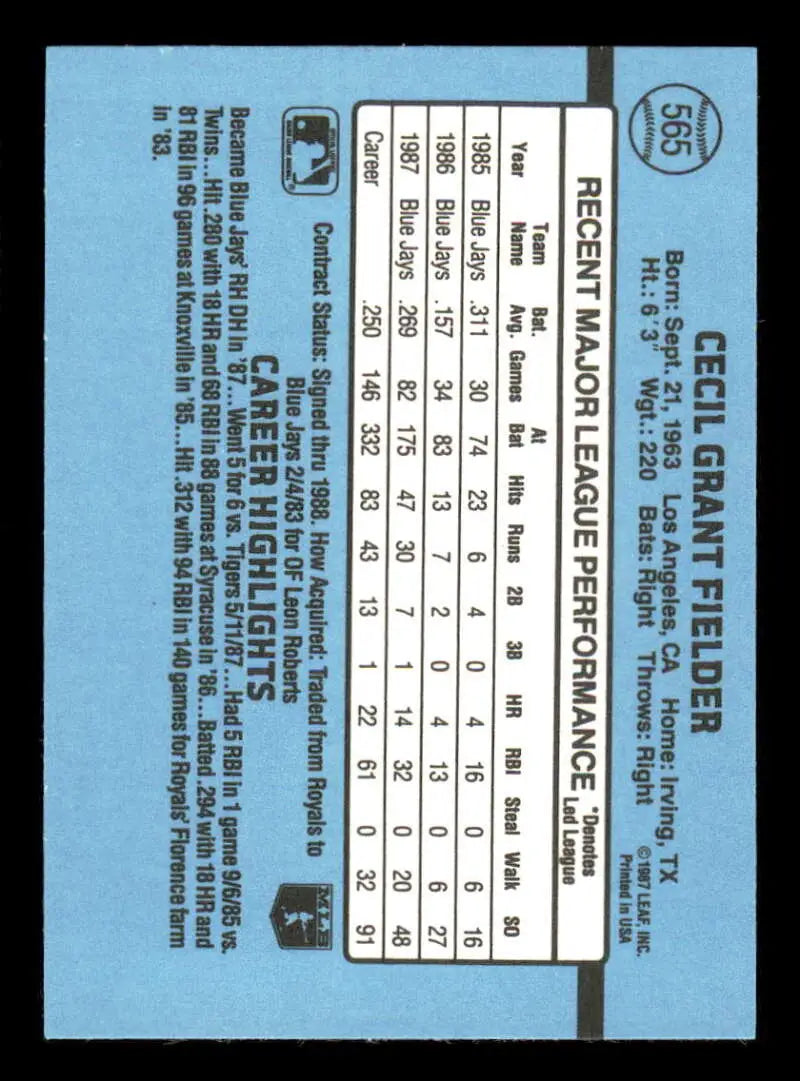 1988 Donruss #565 Cecil Fielder NM-MT Toronto Blue Jays Baseball Card - Baseball Card Single