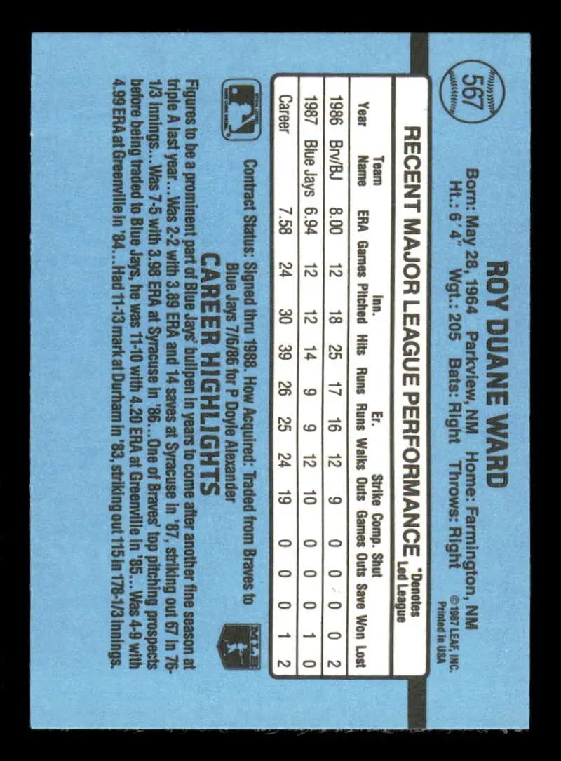 1988 Donruss #567 Duane Ward NM-MT Toronto Blue Jays Baseball Card - Baseball Card Single