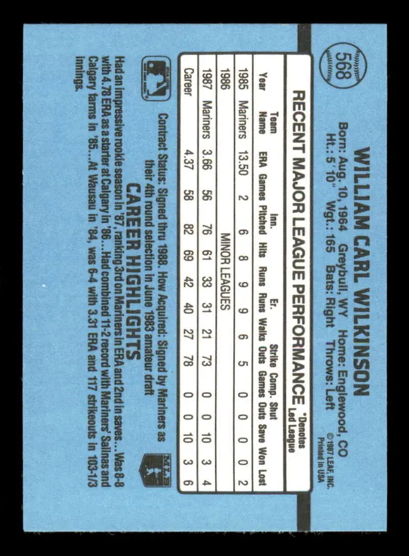 1988 Donruss #568 Bill Wilkinson NM-MT Seattle Mariners Baseball Card - Baseball Card Single