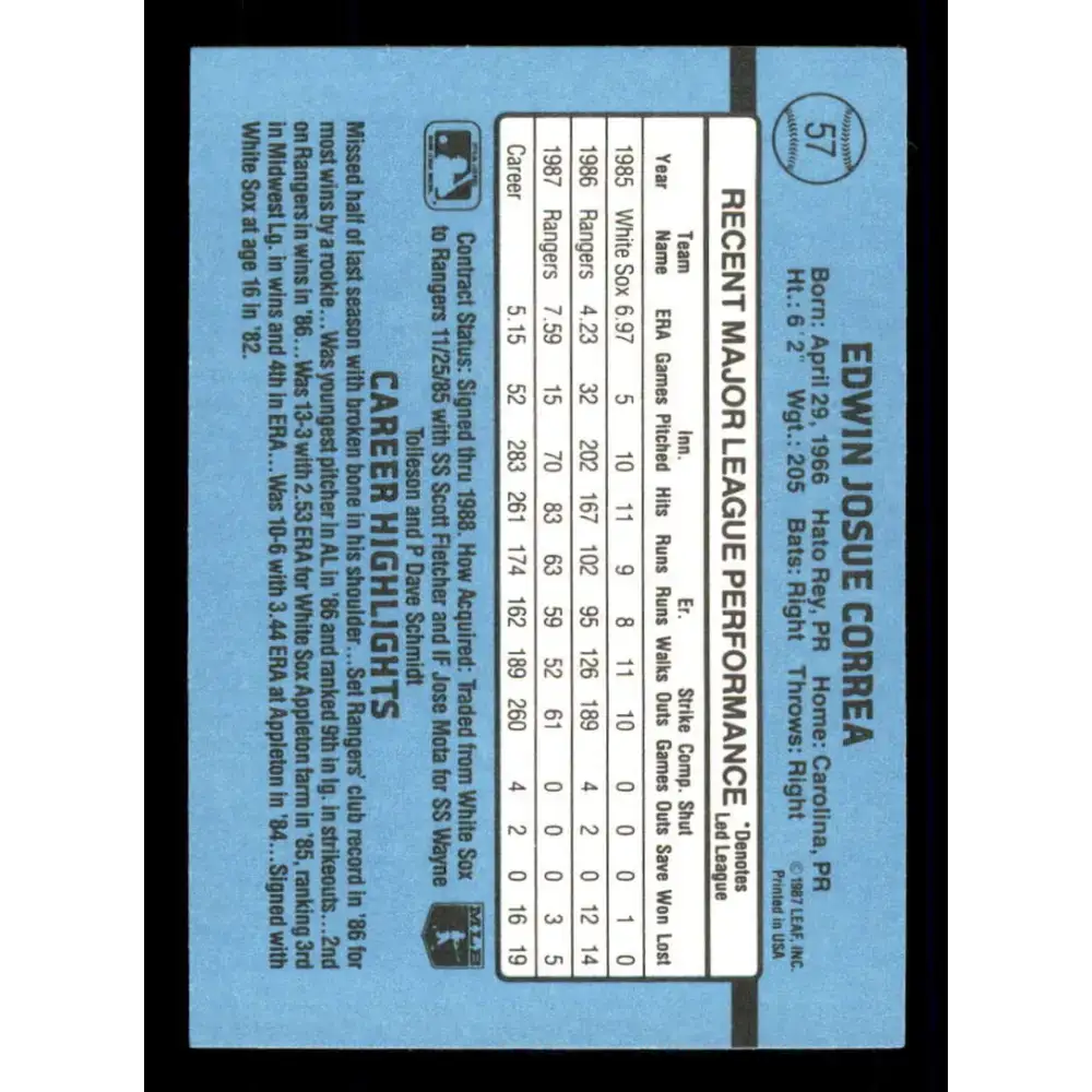 1988 Donruss #57 Ed Correa EX Texas Rangers Baseball Card - Baseball Card Single