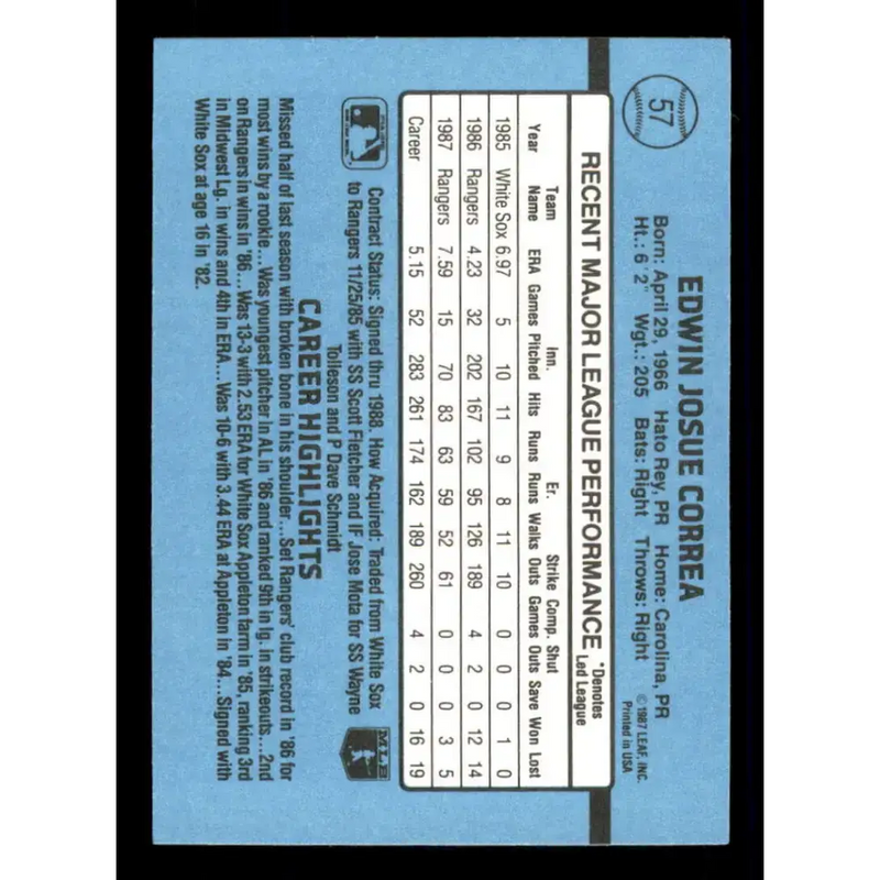 1988 Donruss #57 Ed Correa EX Texas Rangers Baseball Card - Baseball Card Single