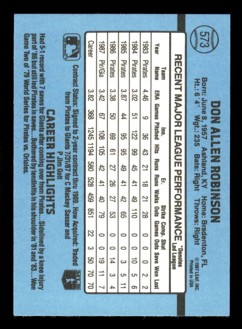 1988 Donruss #573 Don Robinson NM-MT San Francisco Giants Baseball Card - Baseball Card Single